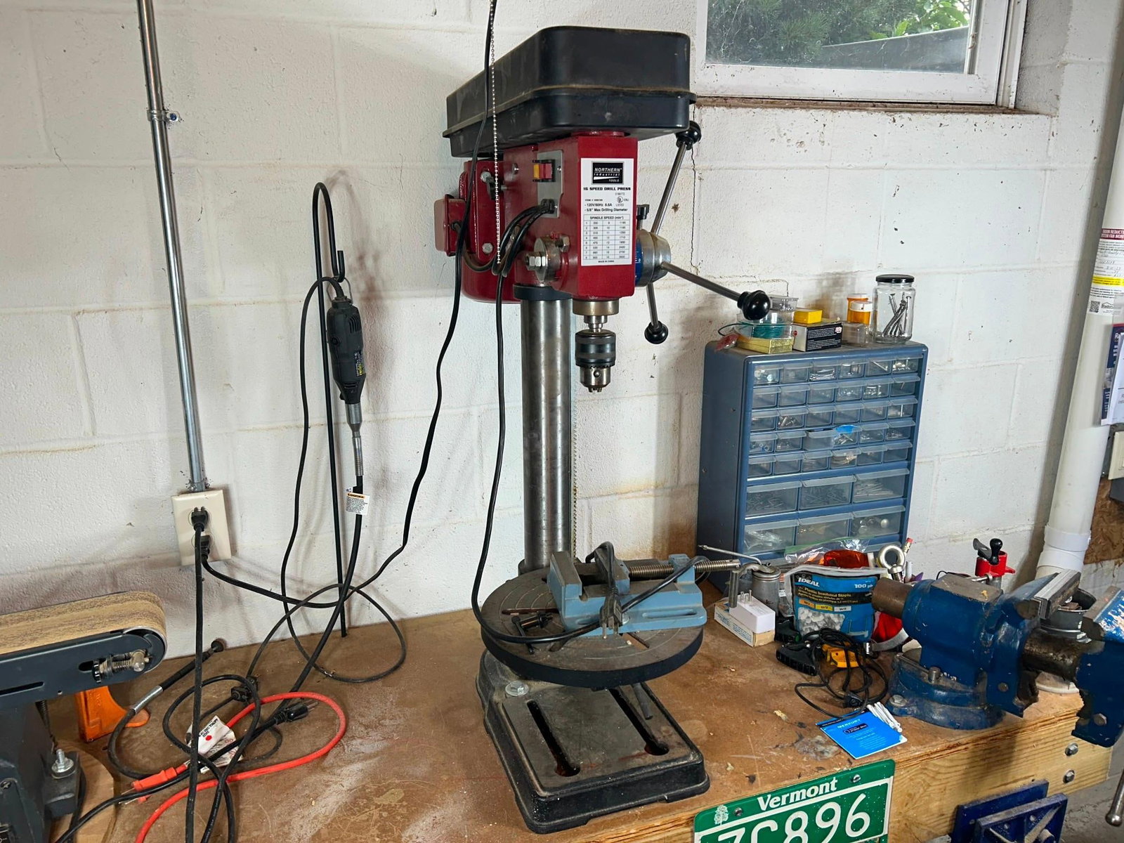 Northern Industrial Tools 16-Speed Drill Press: IMPORTANT NOTE. To be picked up in Carlisle, located in basement. Multi-speed belt-driven pulley system (indicated by the speed chart on the front panel), adjustable work table, and a keyed