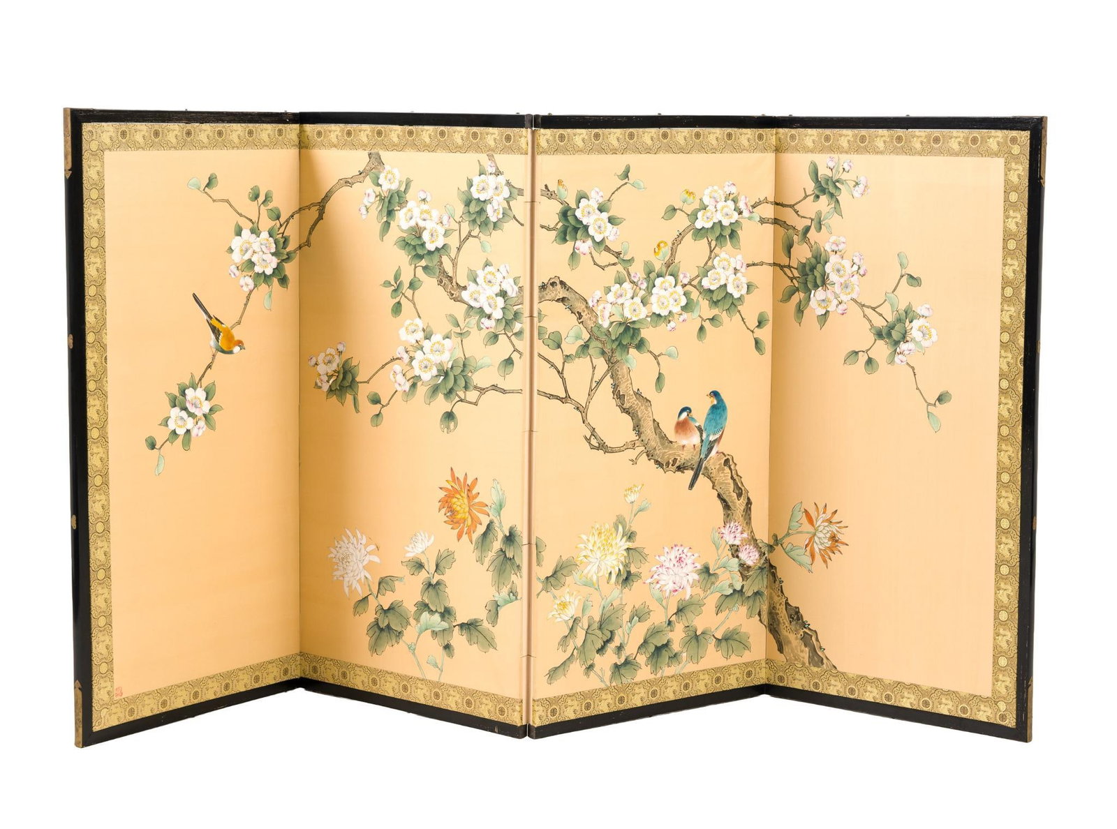 Japanese Mid 20th Century Silk Room Screen: Decorated with birds and flowers. Opened measures 35-1/2" high x 70-1/4" high. Some finish loss on the wood. 