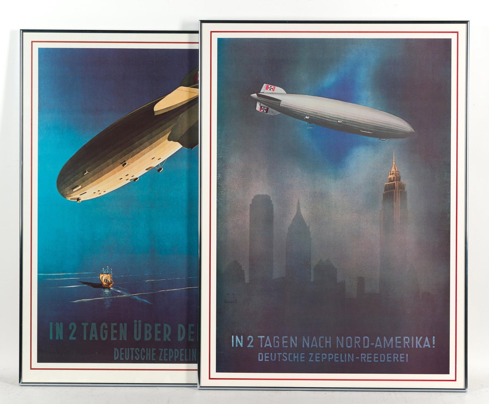 2 WWII German Travel Posters: Reproductions. One reads " In 2 Uber Den Ozean Deutsche Zeppelin-Reederei" and other reads "In 2 Tagen Nach Nord-Amerika! Deutsche Zeppelin-Reederei." Both measure 32-1/4" high x 24-1/4" wide. 
