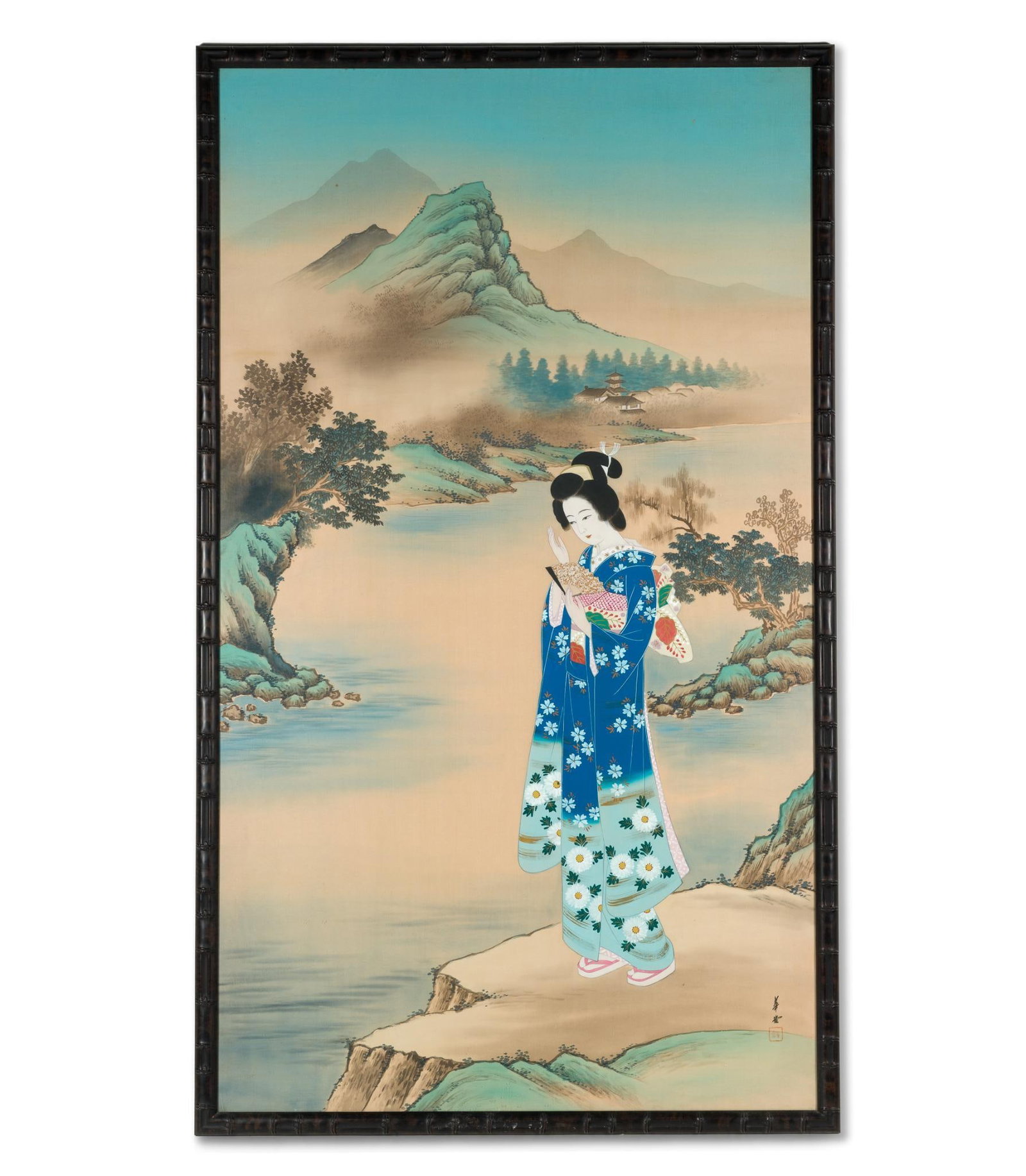 Japanese Silk Scroll Painting: With stamp and signature in the lower right corner. 61-1/4" high x 36" wide. 