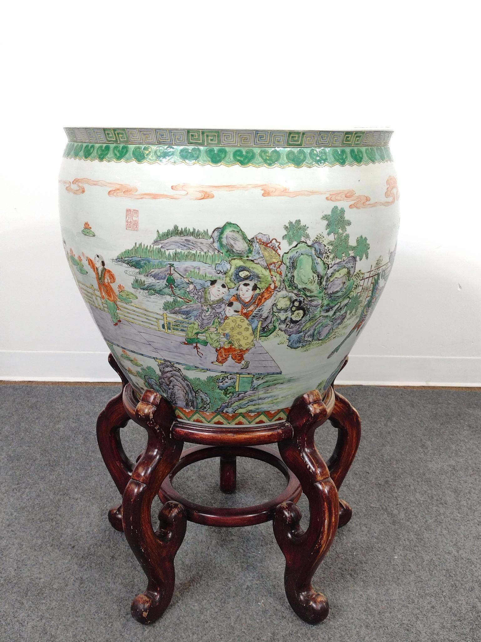 Large Chinese Fish Bowl on Stand: 21-1/2" diameter X 18" high. Marked on bottom.