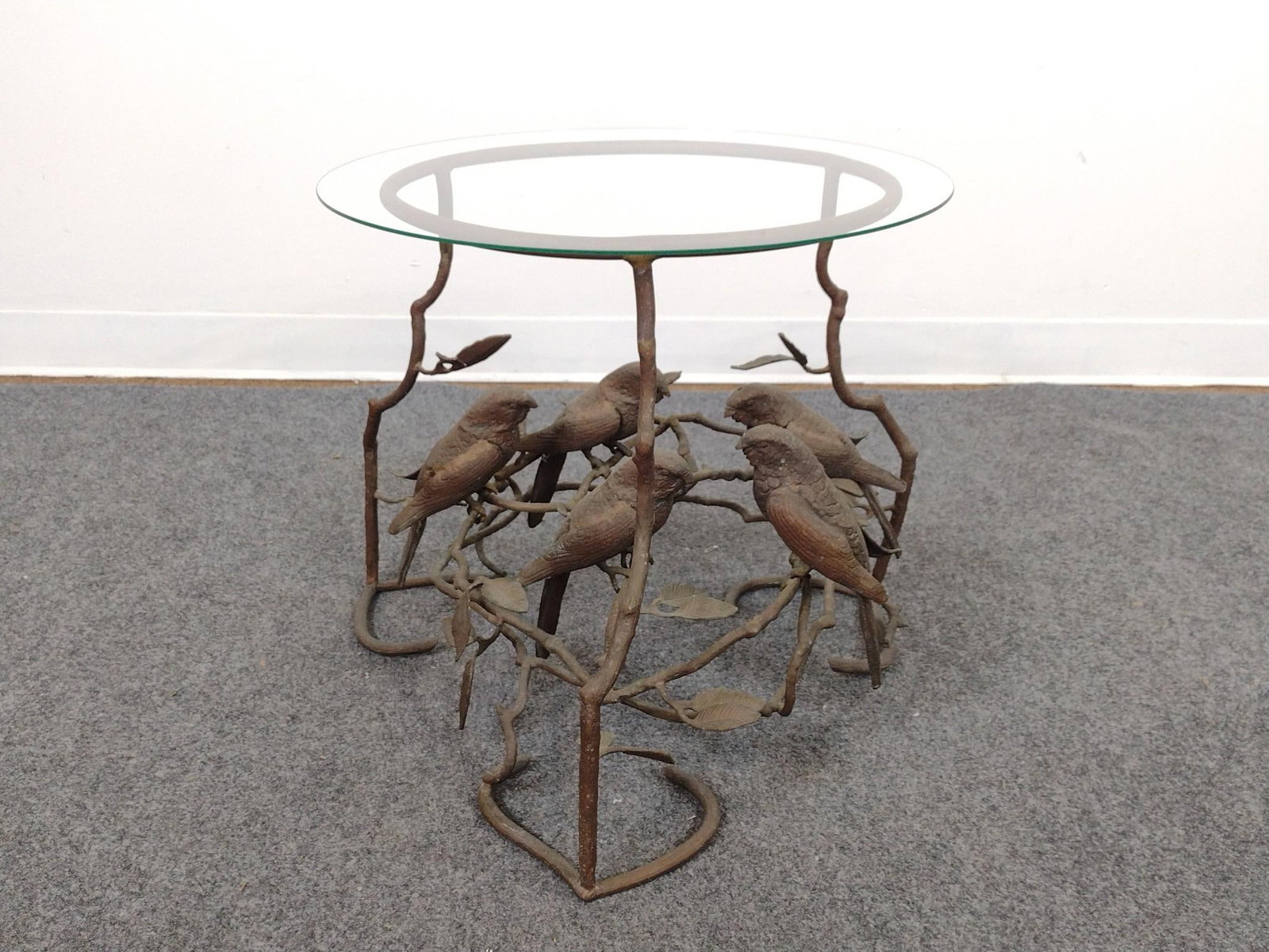 Mid-Century Birds on Branches Metal Accent Table: Glass top. 21-1/2" wide X 19-1/2" deep X 18" high. 