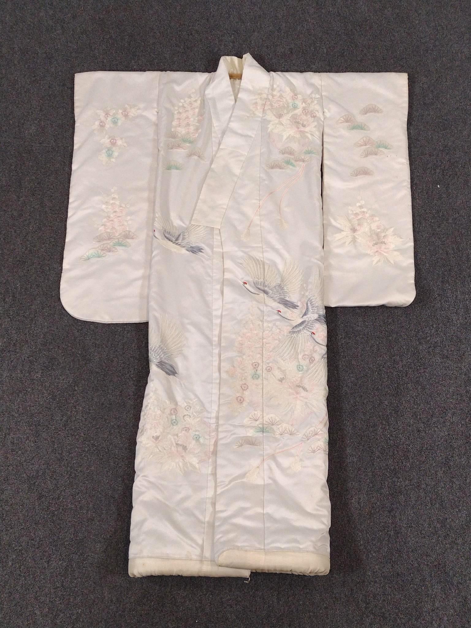 Japanese Bridal Wedding or Ceremonial Kimono: 52" wide X 75" long. Has spots of discoloring.