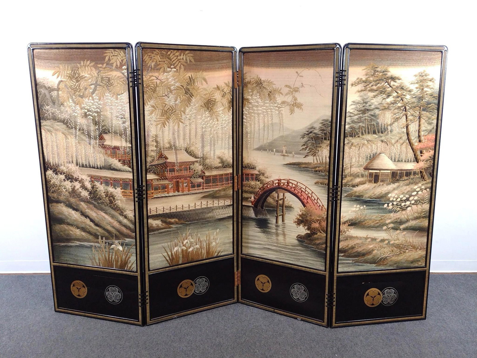 Japanese Silk Embroidered 4-Panel Room Divider (1 of 5)