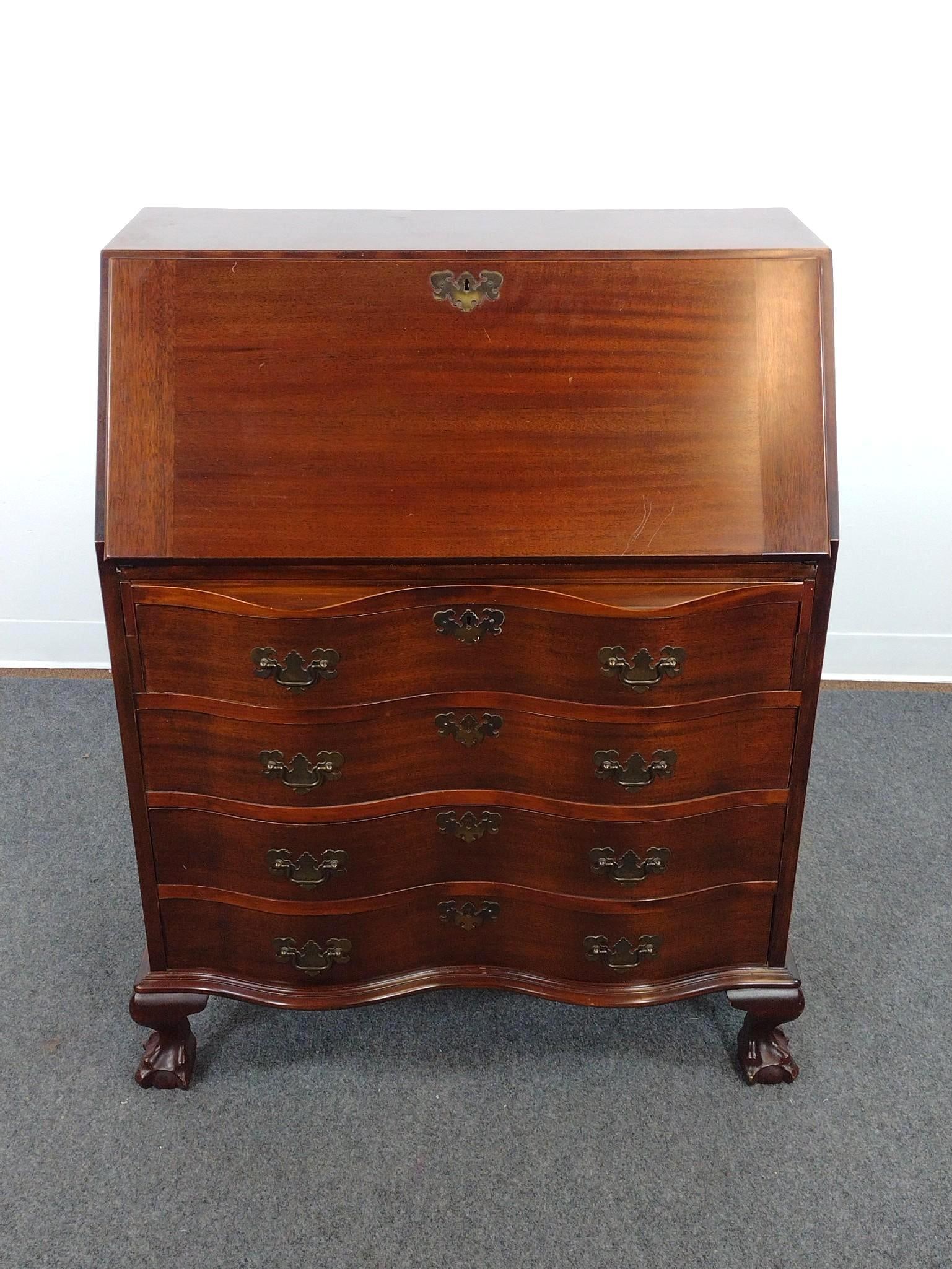 Maddox Chippendale Style Slant Front Desk: 31" wide X 17" deep X 39-1/2" high. Has a few light scratches.
