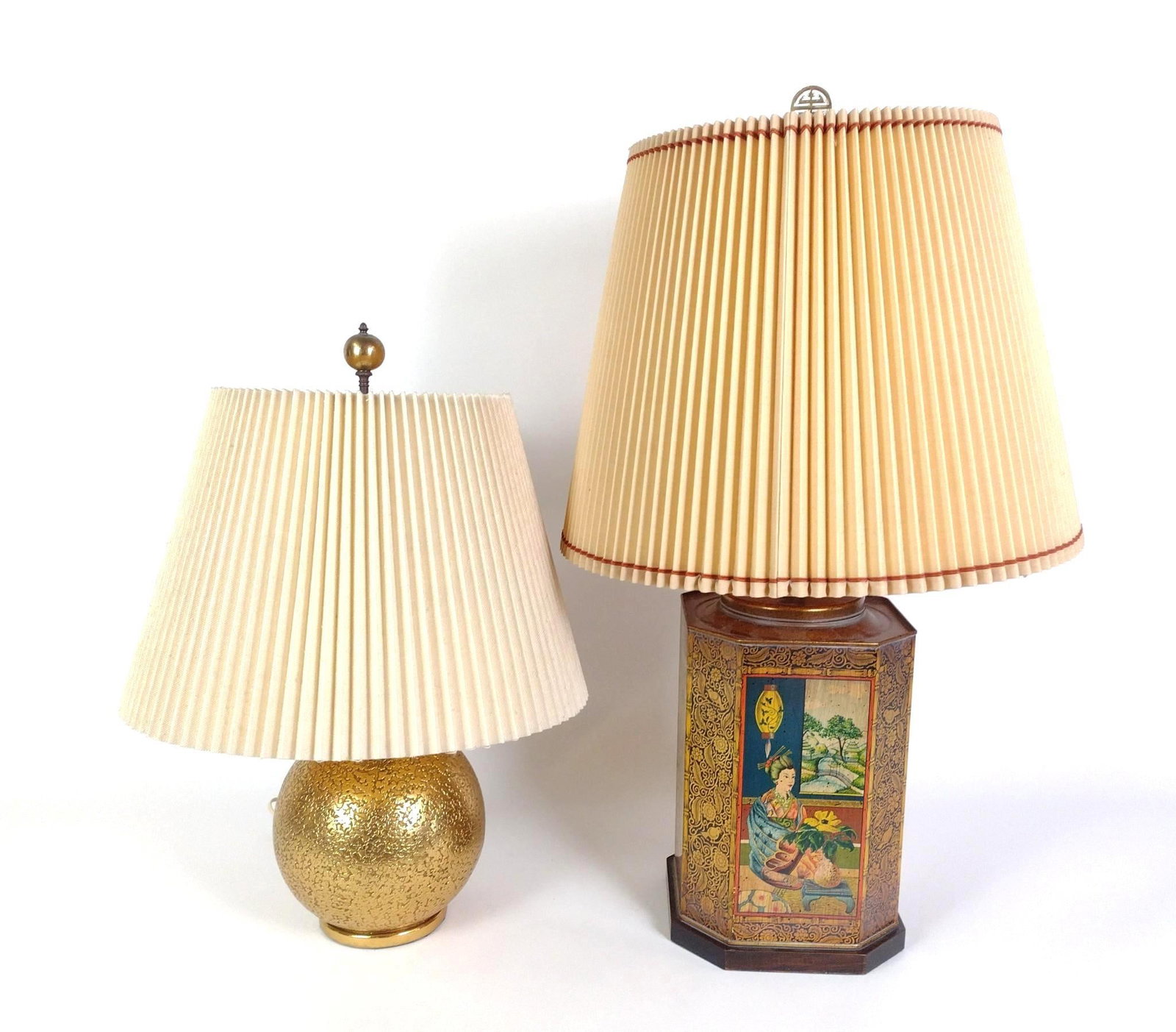 Tin Decorated Table Lamp & Mid-Century Gold Spherical Table Lamp: 13" to 17-1/2" wide x 23" to 31" high. 