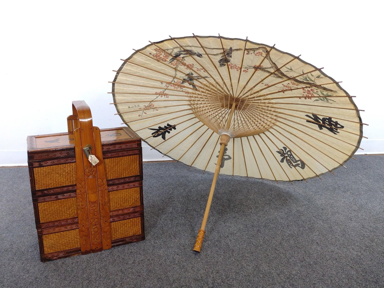 Japanese Wedding Box & Vintage Chinese Parasol: Basket measures 15" wide x 21" high. 