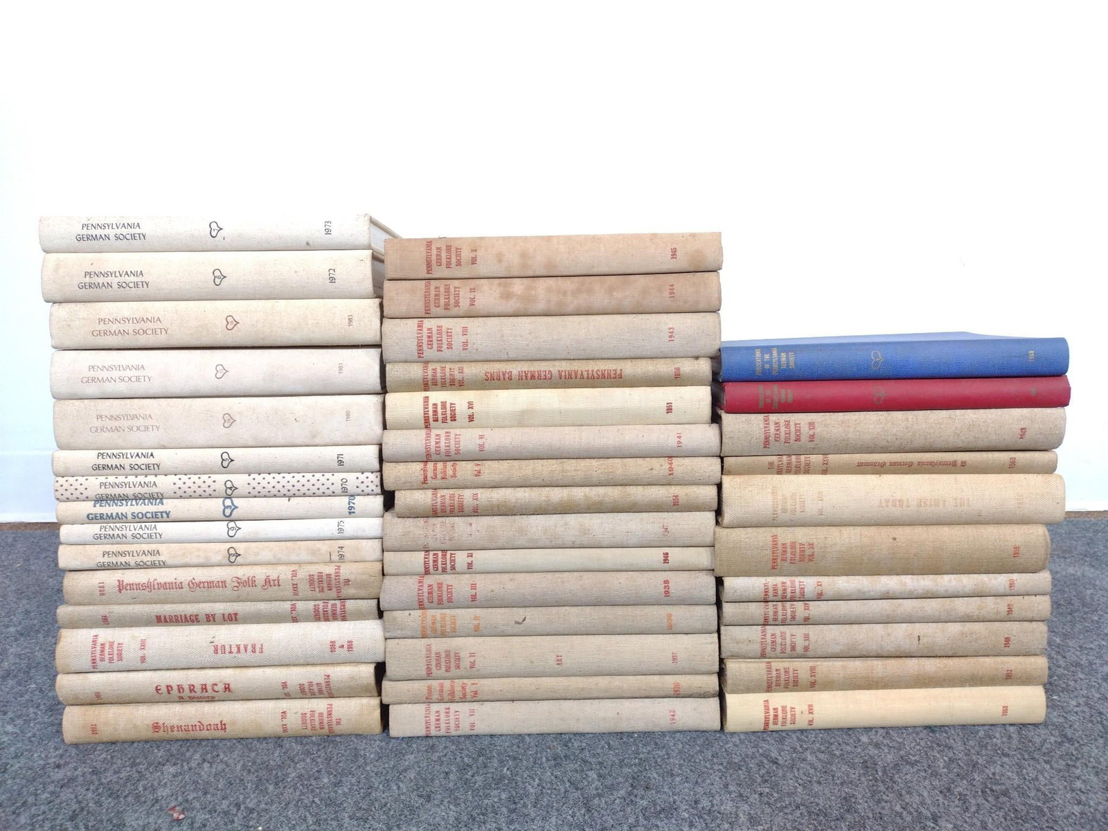 42 Volumes of "Pennsylvania German Society" Publications: Books measure approximately 6-1/2" x 9-3/4. 