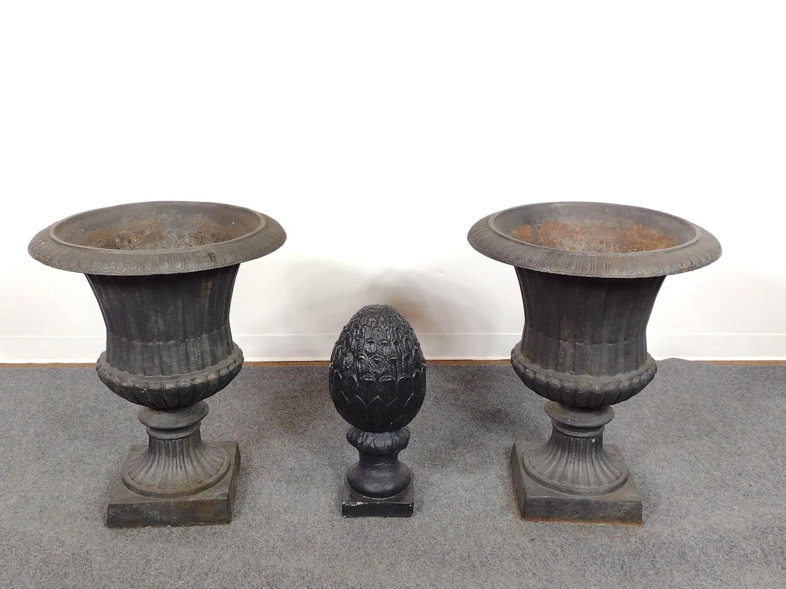 Pair of Cast Iron Planters and Cement Decoration (1 of 6)