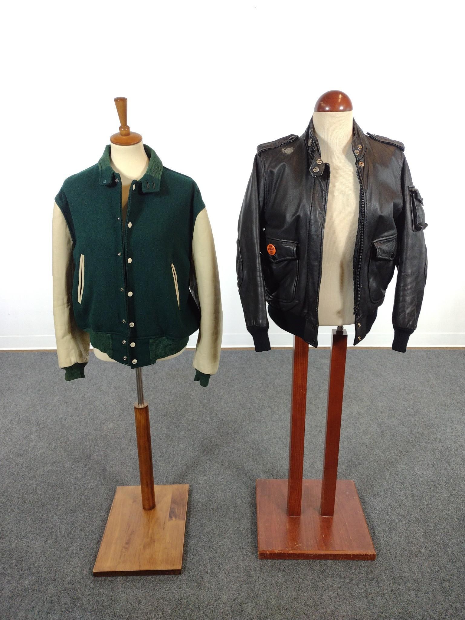 2 Vintage Men's Jackets: Includes lettermen style and Harley-Davidson leather jacket. Shoulder to shoulder 17" to 17-1/2" wide. 