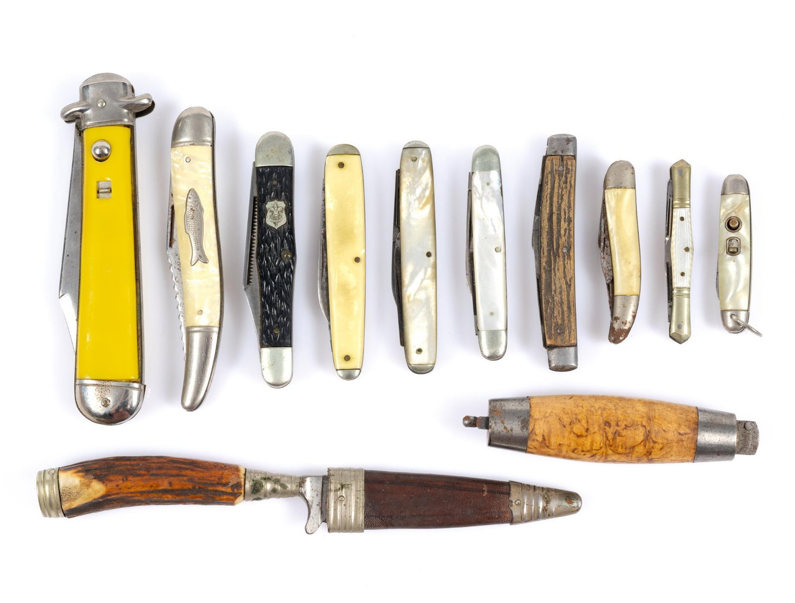 12 Pocket Knives Incl. Shur-Snap Switch Blade & Mother-Of-Pearl: Includes Camillus, Imperil, Zannantonio, and more. Open 3-3/4" to 8-3/4" long. 