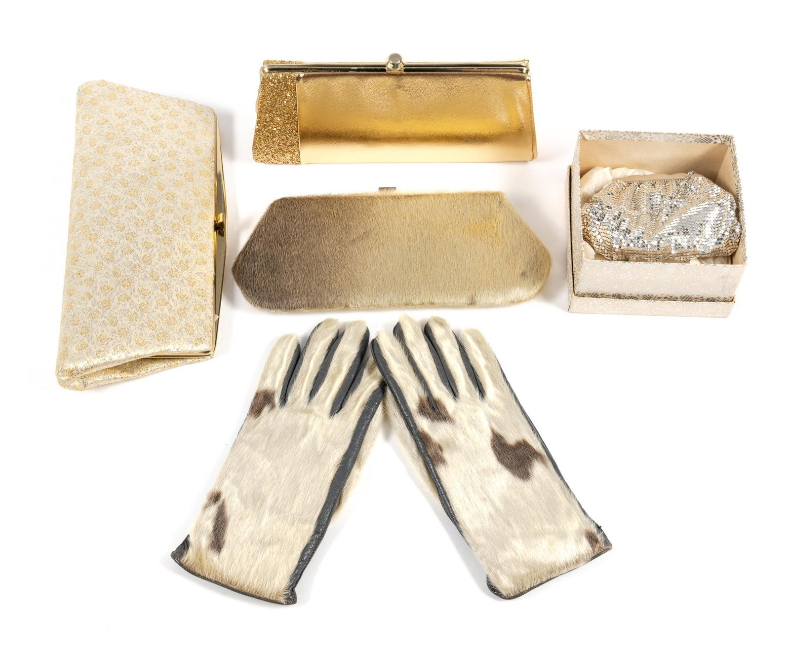 3 Clutches & Seal Skin Gloves: One of the clutches is seal skin as well and matches the gloves. Clutches measure 5-1/4" to 12" long. One original box from Fluhrer's in York, PA. 