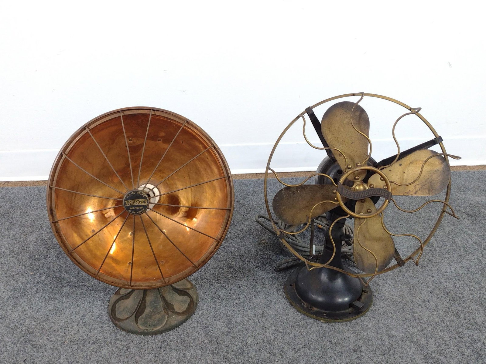 Antique Westinghouse Fan & Energex Copper Space Heater: Largest piece measures 13" x 8" x 17". The Westinghouse fan has some breakage and cracking to the cord.