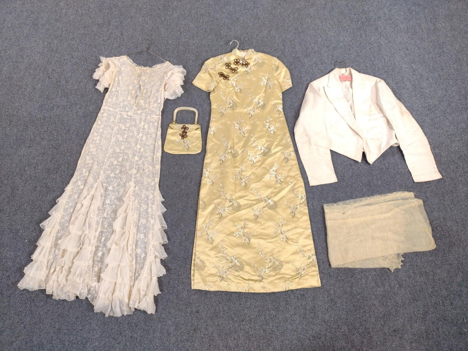 Vintage Silk Kimono, Lace Dress & Lace Shawl: Dresses measures shoulder to shoulder 15" to 16-1/2" wide. 