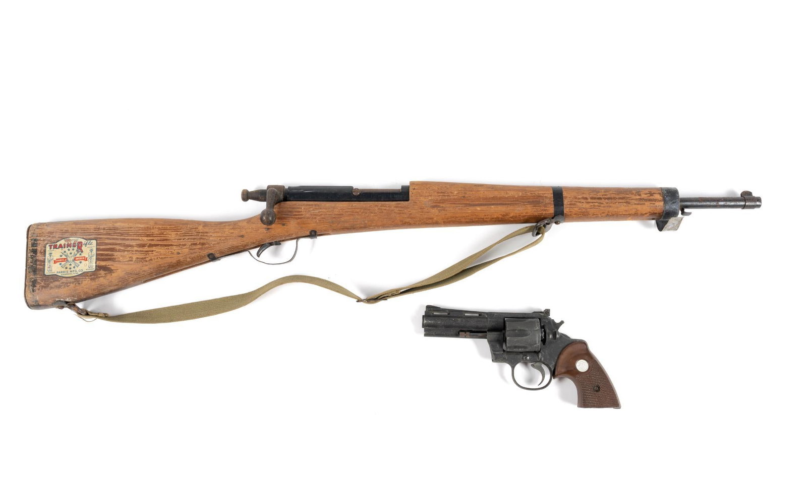 Parris MFG Co. Kadets Of America Training Rifle & Model .357 Magnum: Python .357 Magnum is a non-firing replica made by Model Gun Co. in Japan. Both have some losses due to age and use. Largest piece measures 35" x 5" x 1-1/4". 