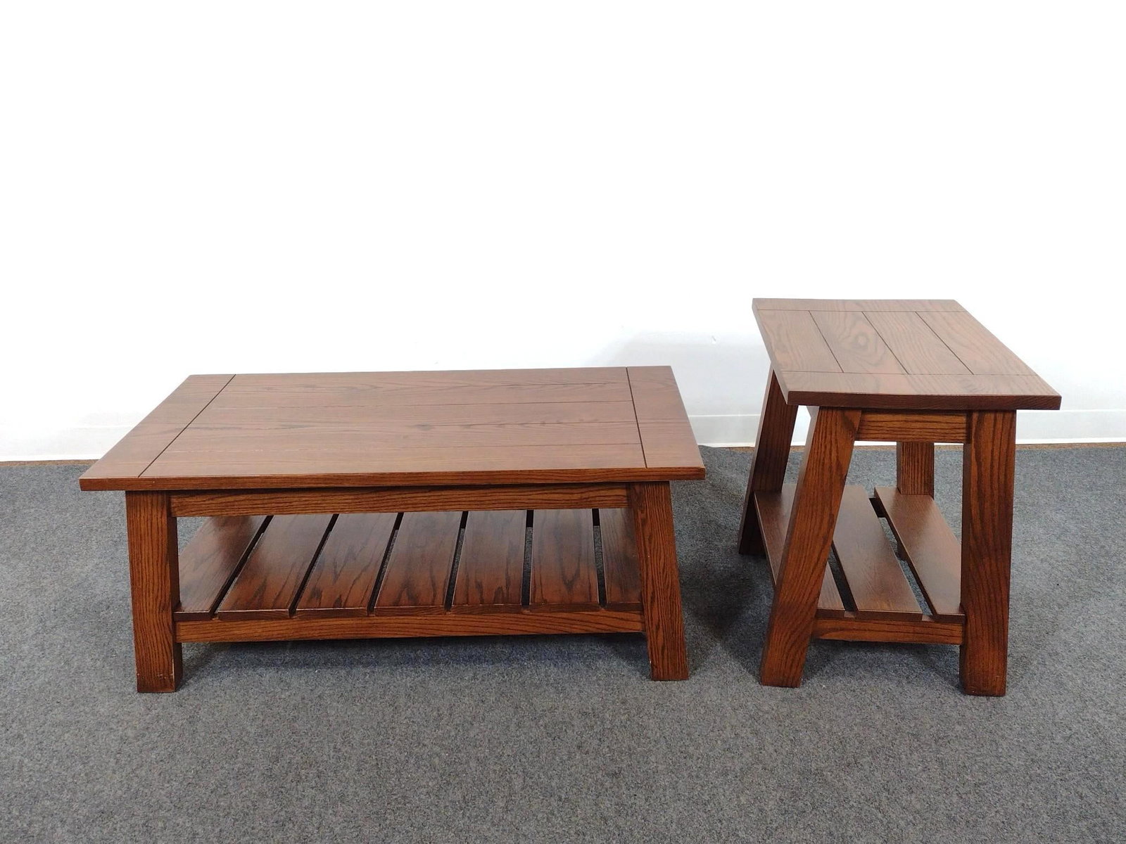Keystone Furniture Mission Style Coffee and End Tables: Coffee table 42" wide X 22" deep X 18-1/2" high. End table 17" wide X 24" deep X 24" high. 