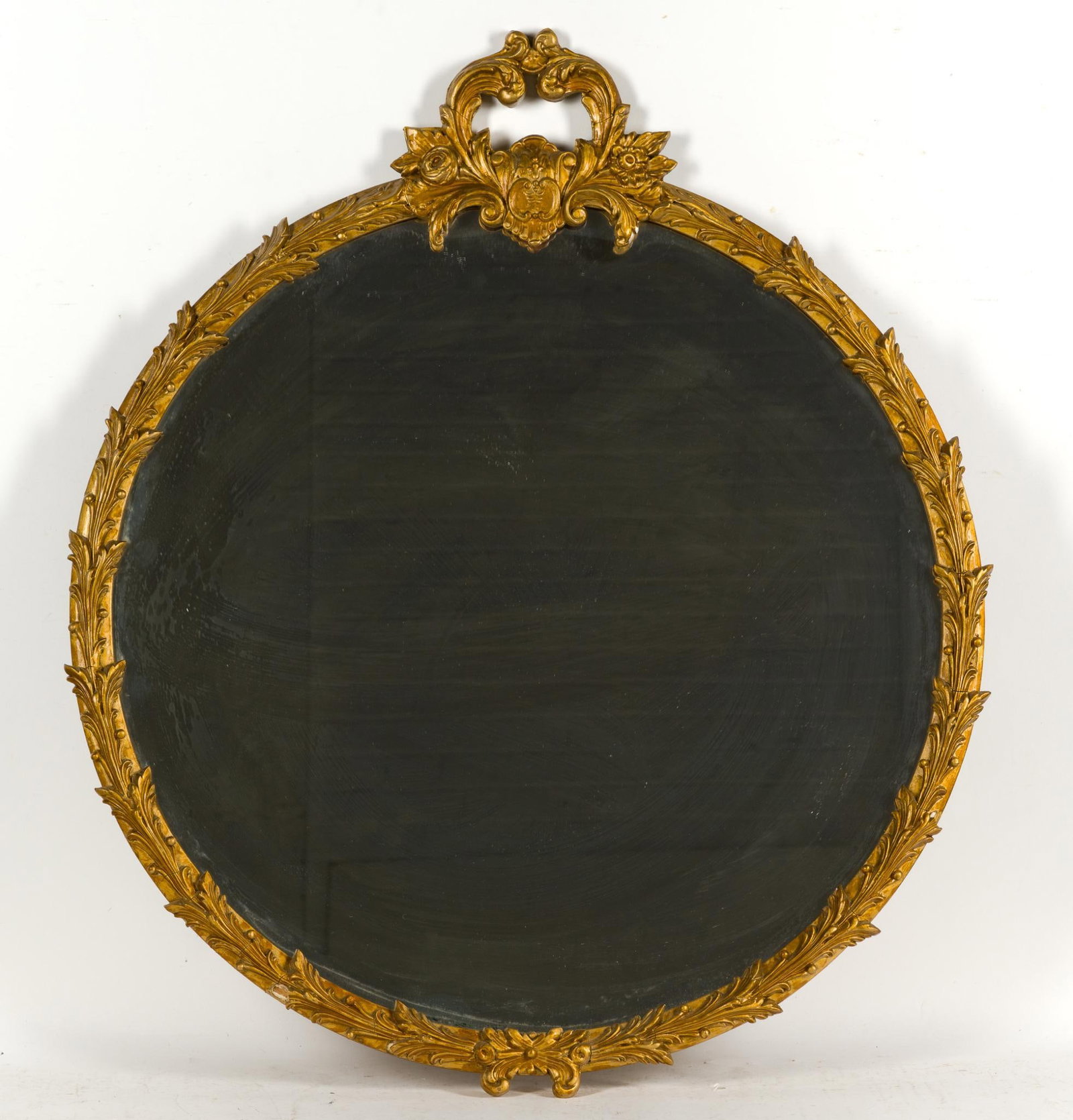Round Gilt Frame Mirror: 28" long x 40" wide.