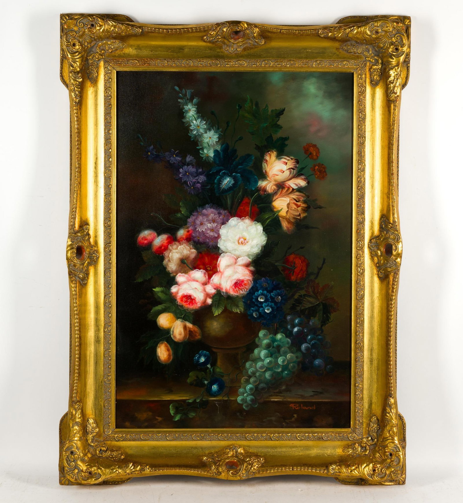 Roland Floral Still Life Oil Painting: Signed lower right side. 46-3/4" high x 34-1/2" wide. 