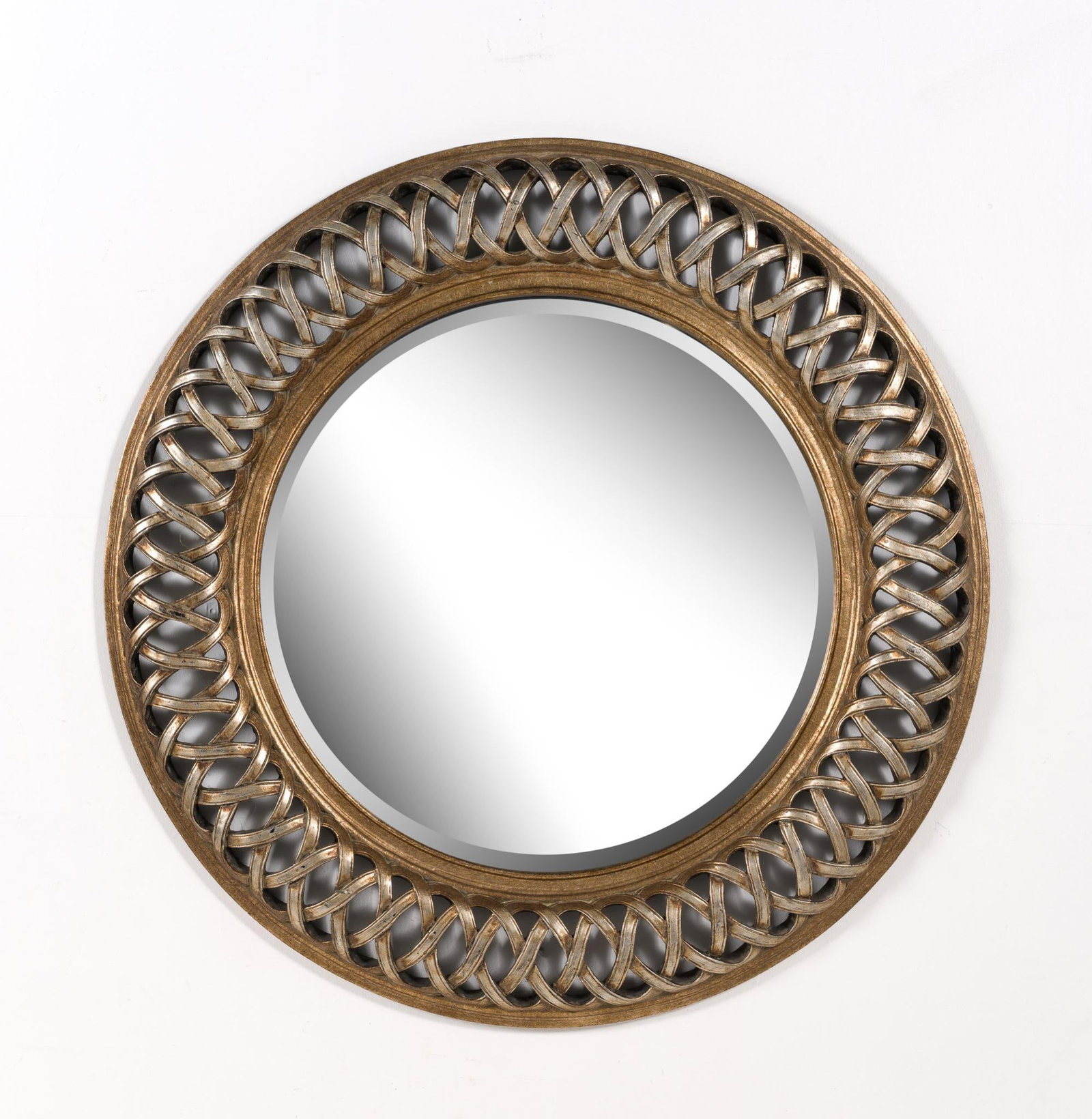 Large Round Mirror with Lattice Frame: 45-1/2" high x 43-1/2" wide. 