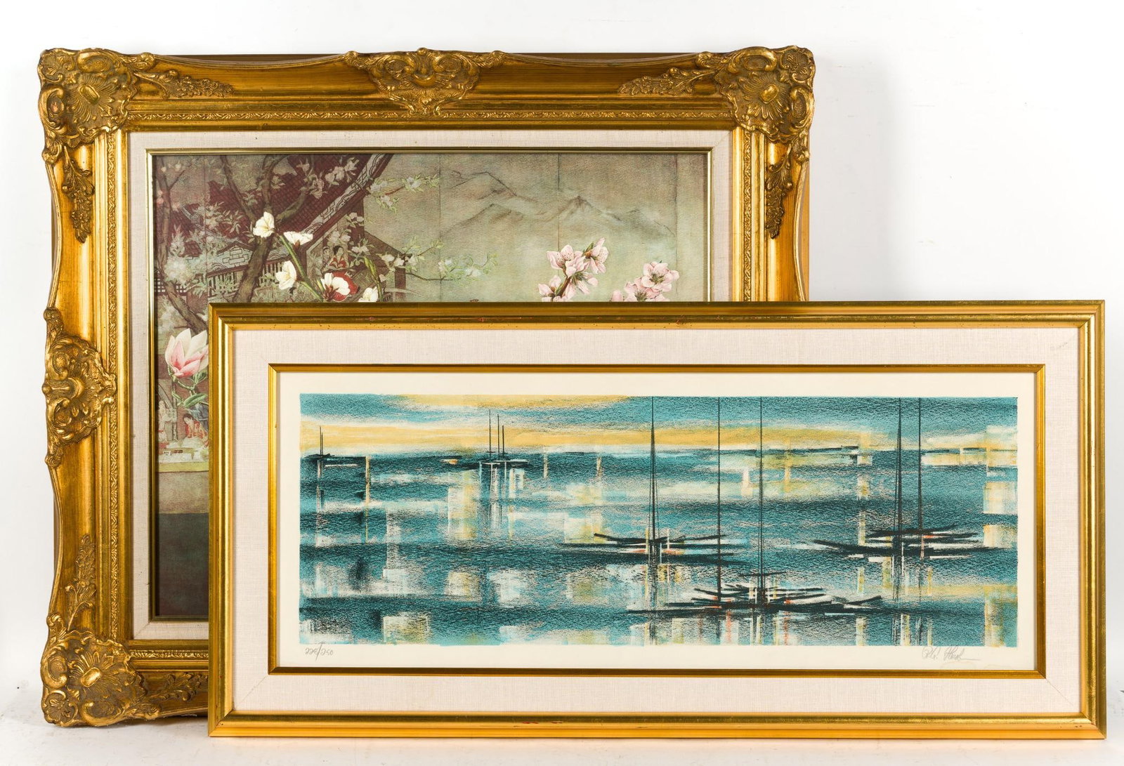 2 Framed Artworks: Decorative print of "The Chinese Bowl" in gilt frame, and R.A. Florsheim "Low Tide" limited edition 228/250 color lithograph. 18" to 28-1/4" high x 32" to 37" wide. 