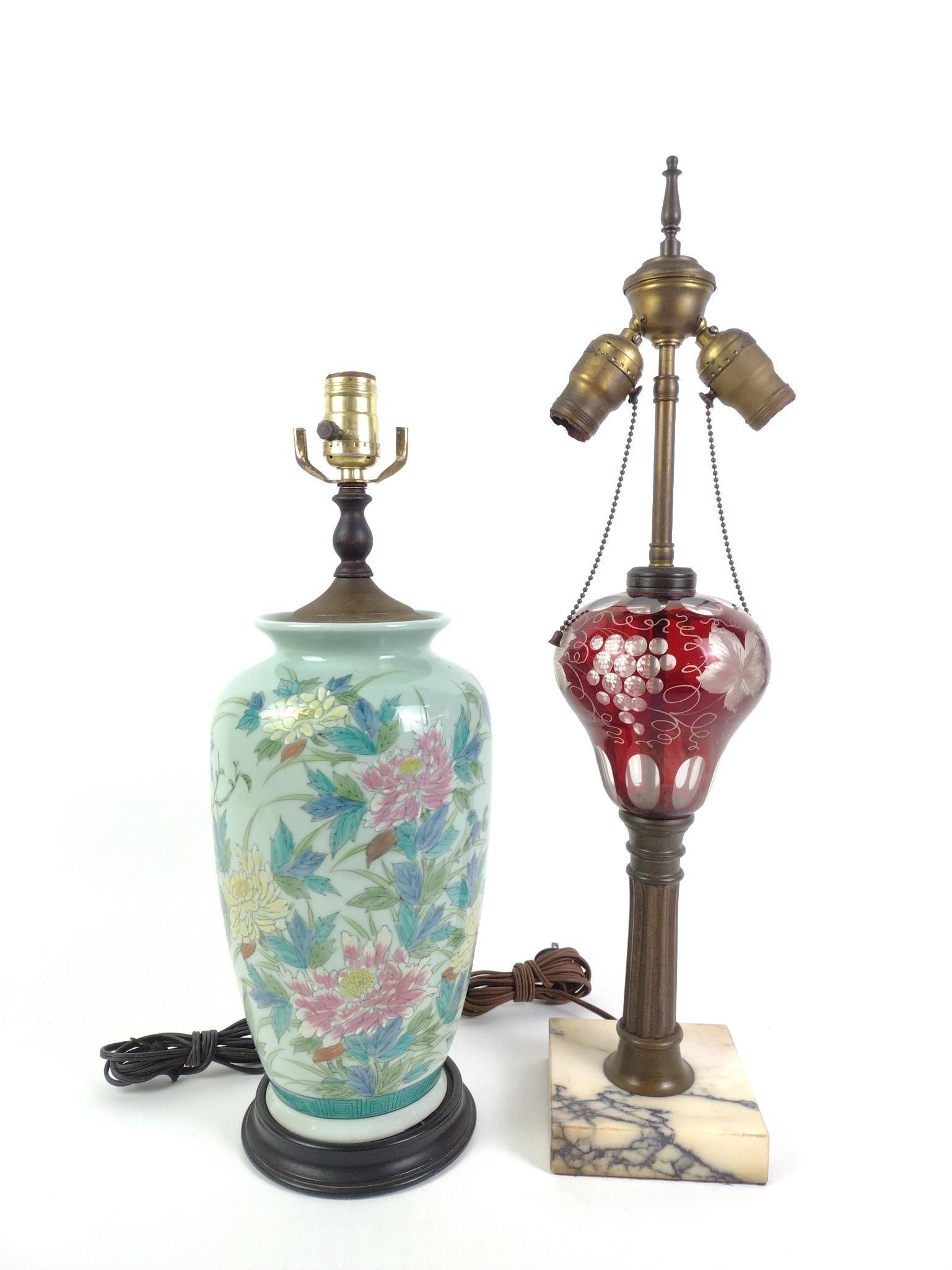 Vintage Bohemian Table Lamp & Chinoiserie Porcelain Lamp: Ruby red cut to clear. Largest piece measures 6-1/2" x 5" x 25".