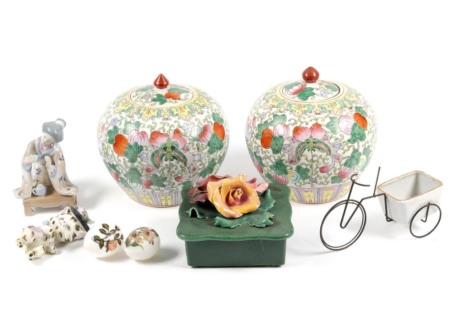 Pair of Chinese Famille Rose Ginger Jars & Export Porcelain: 2" to 7-1/2" wide x 3" to 7-3/4" high. 