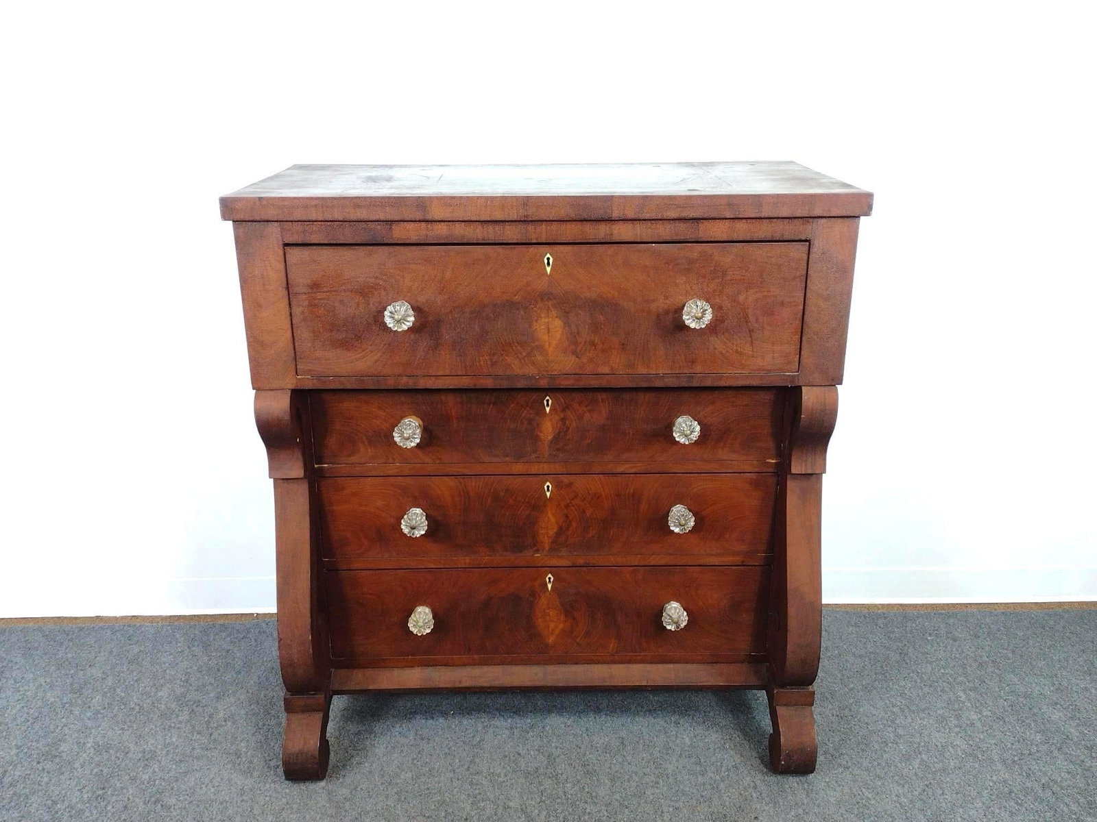 Empire Chest Bureau with Glass Drawer Pulls: 43" wide X 21-1/2" deep X 45-1/4" high. Has some scratches.