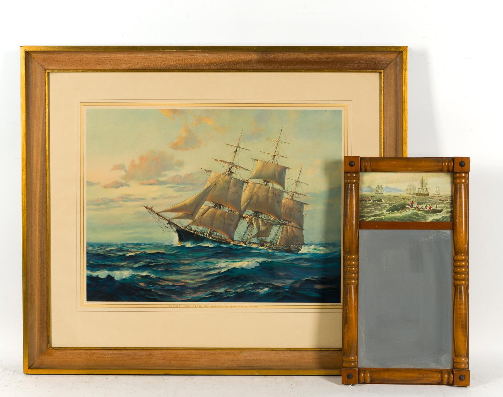 Naval Painted Mirror and Print: 18" to 26-1/2" high x 10" to 31-1/4" wide. 
