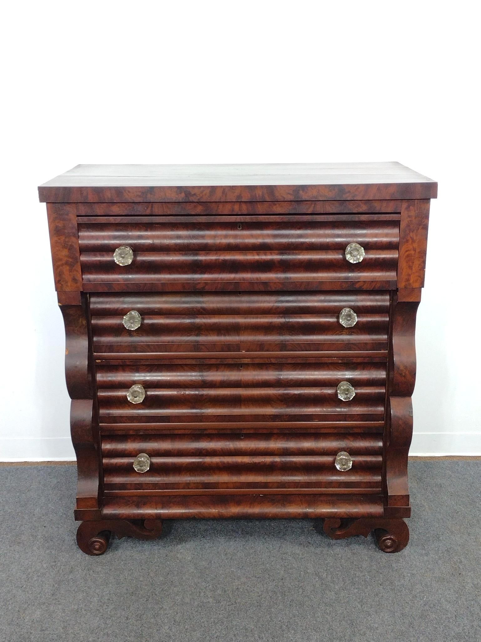 Empire Chest Bureau with Glass Drawer Pulls: 42-1/2" wide X 21" deep X 46-1/2" high. Has areas of veneer loss. 