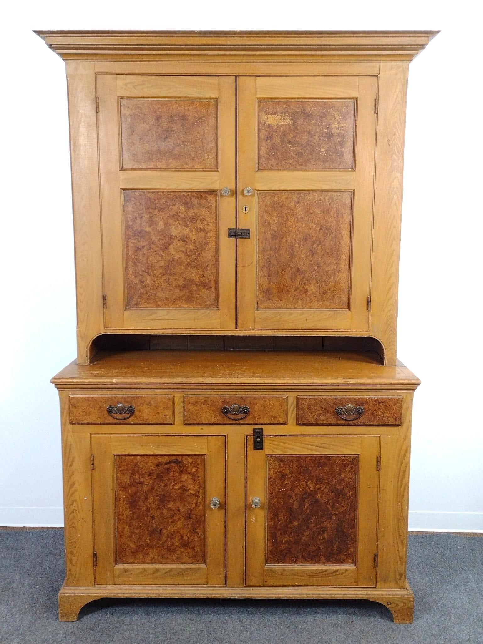 Antique Stepback Cupboard: 53-1/2" wide X 22" deep X 86-1/2" high. Has scratches. Back right foot has loss. 