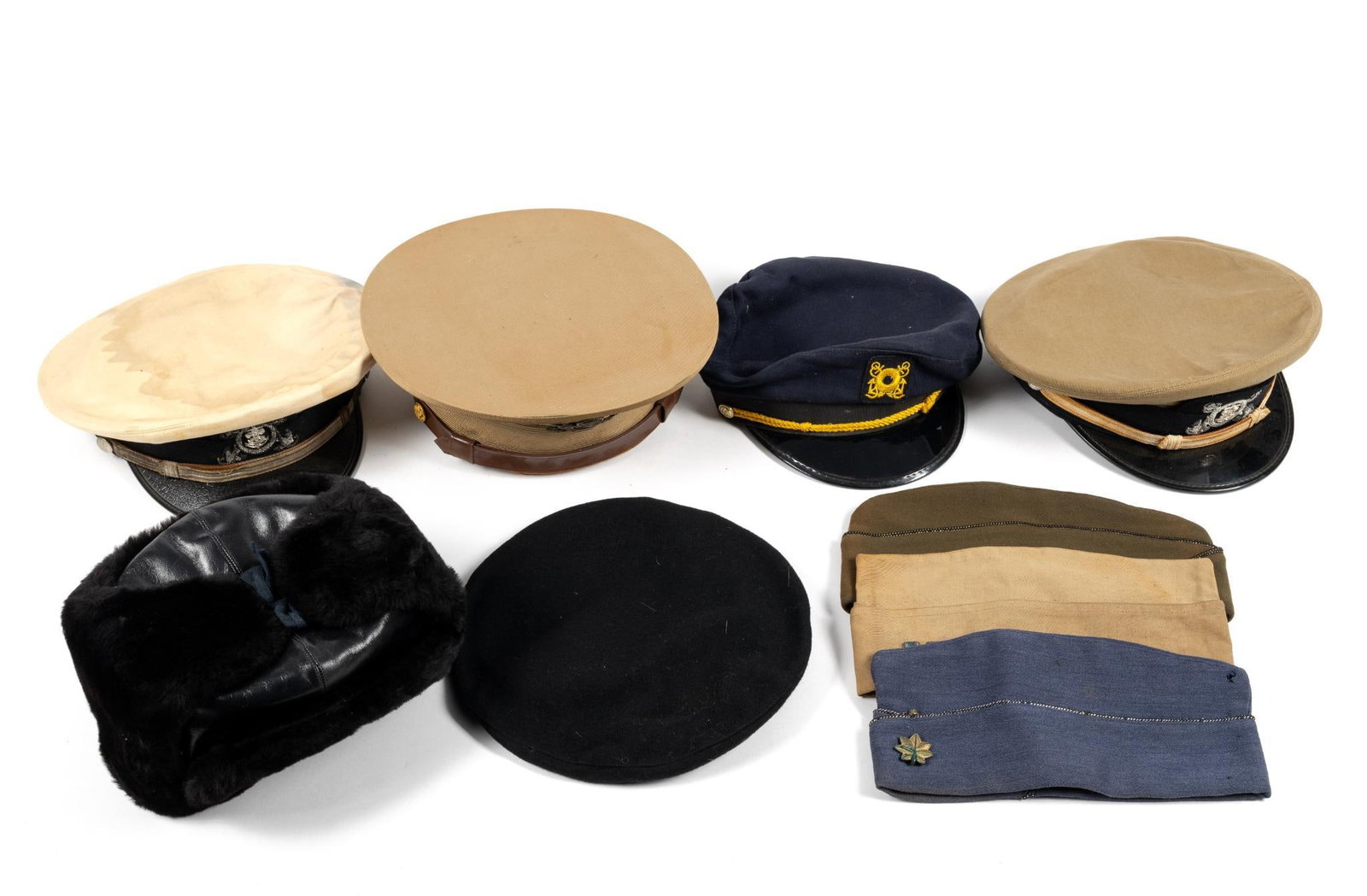 9 Vintage Hats incl. Naval Hats: Inside diameter measures 8" to 9" diameter. 