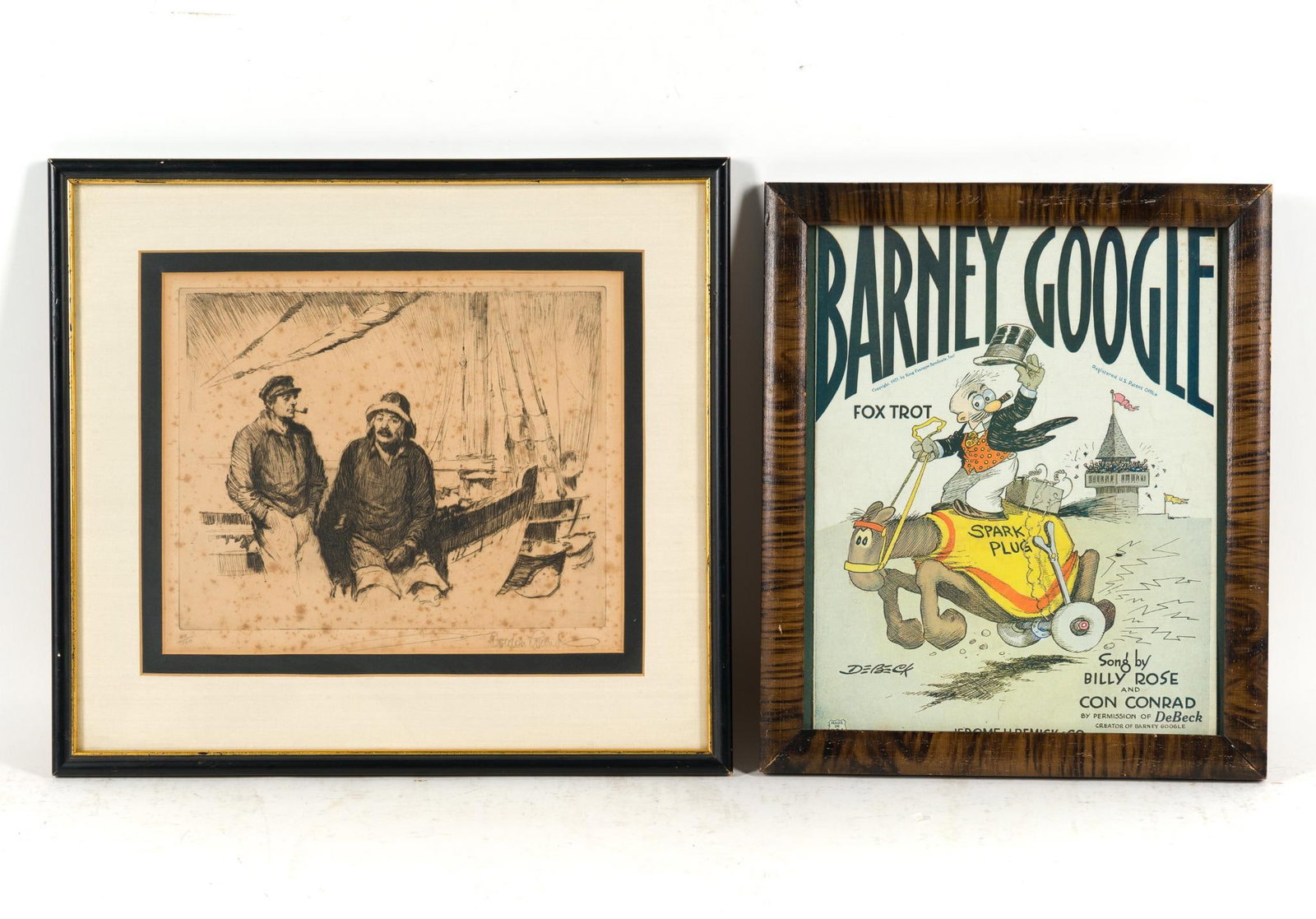 Framed Gordon Grant Sailors Lithograph & Barney Google Poster: 13-5/8" to 14-1/4" long x 11-5/8" to 15-3/4" wide.