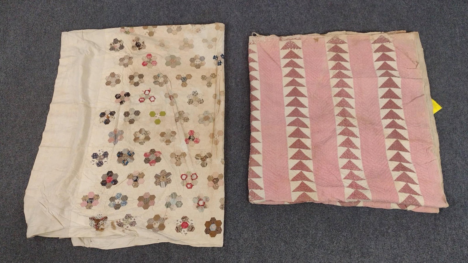 2 Patchwork Quilts: 8'5" long X 4'7" wide. 7' long X 6'6" wide. 