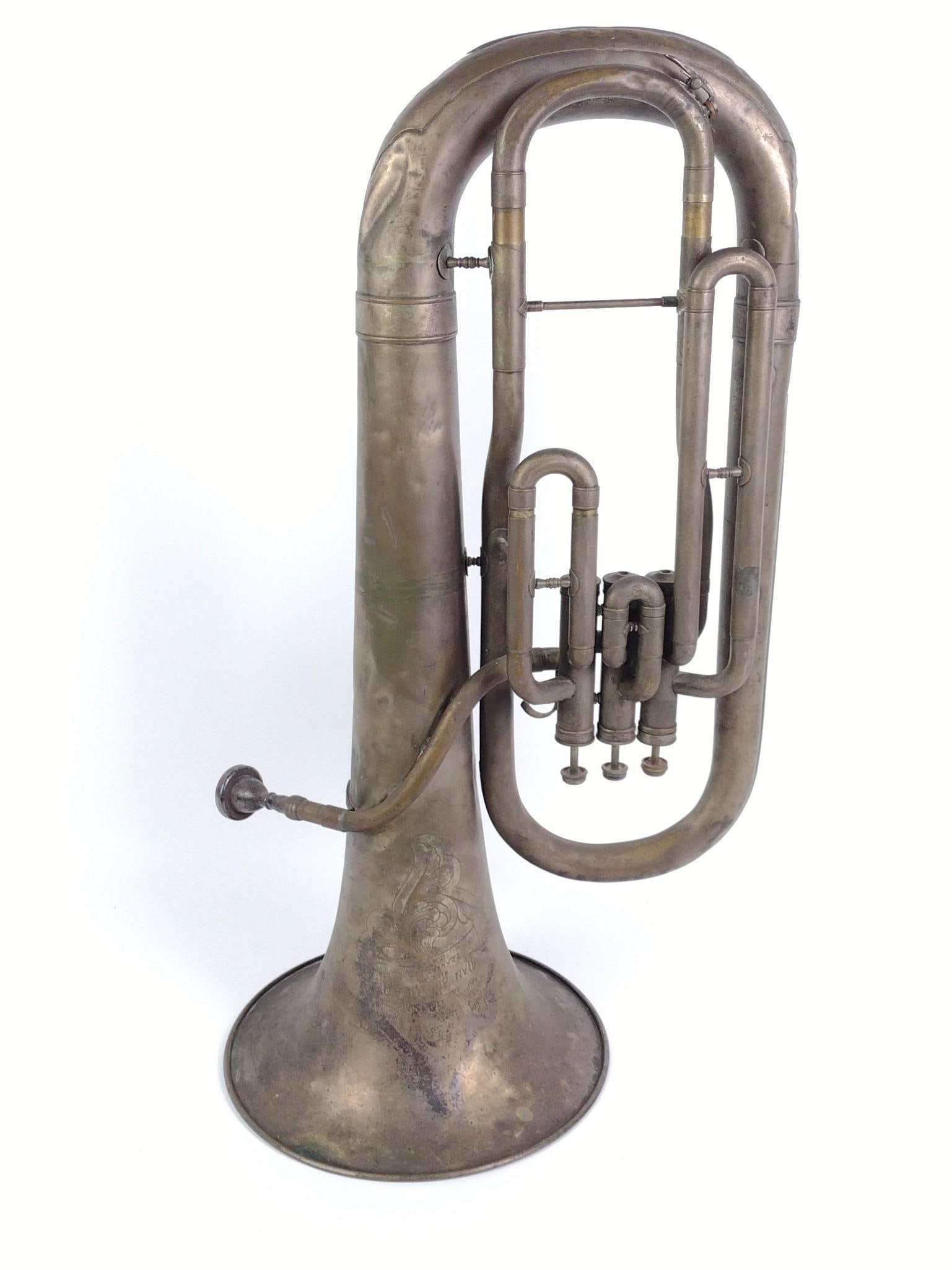Vintage Pan-American Elkhart Indiana Tuba: Measures 11" x 14" x 27-1/4". No mouthpiece included, some denting throughout the horn. 