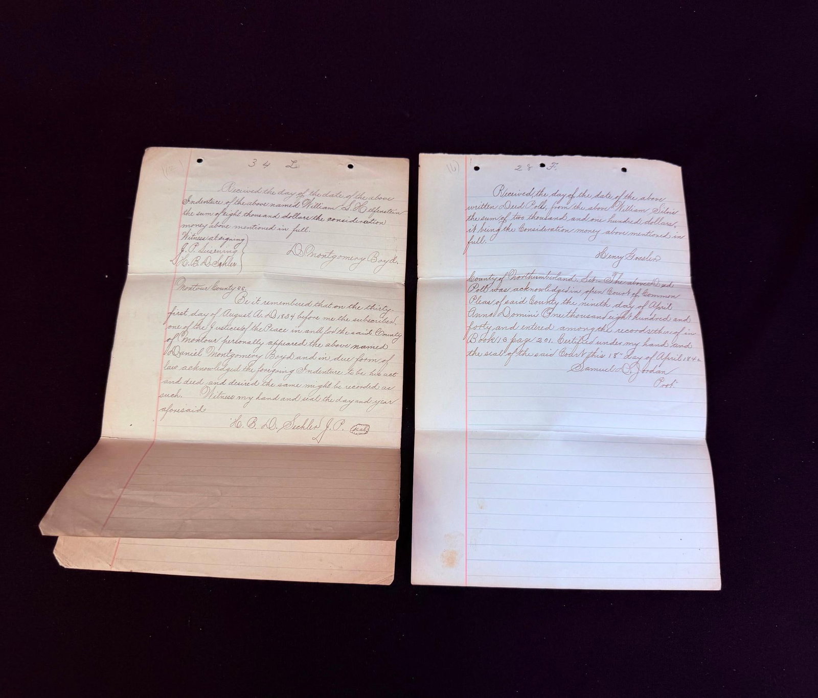 2 Antique Pennsylvania Legal Documents: Includes Indenture document and Deed document. Both appear to be drafts of these legal documents. One is dated 1840 and the other is dated 1834. 