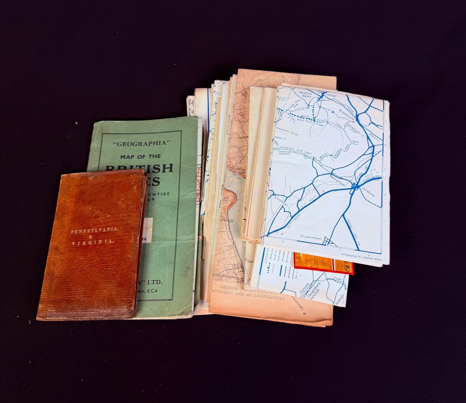Antique & Vintage Maps, Mostly Pennsylvania: Case with maps inside measures 11" x 2" x 5" and smallest map, 1829 map of Pennsylvania & Virginia measures 3-1/2" x 5-3/4". Published in 1829 by A. Finley in Philadelphia.