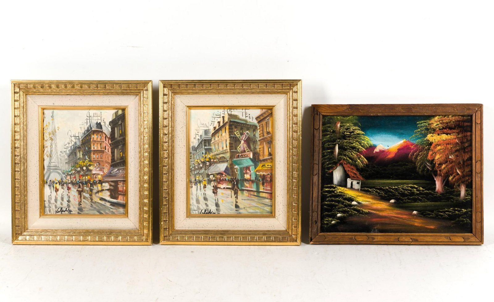 3 Framed Paintings: Includes black velvet landscape and 2 Celestin Parisian street sccene signed paintings. 12-5/8" to 24-3/4" long x 12-7/8" to 15-3/8" wide. 