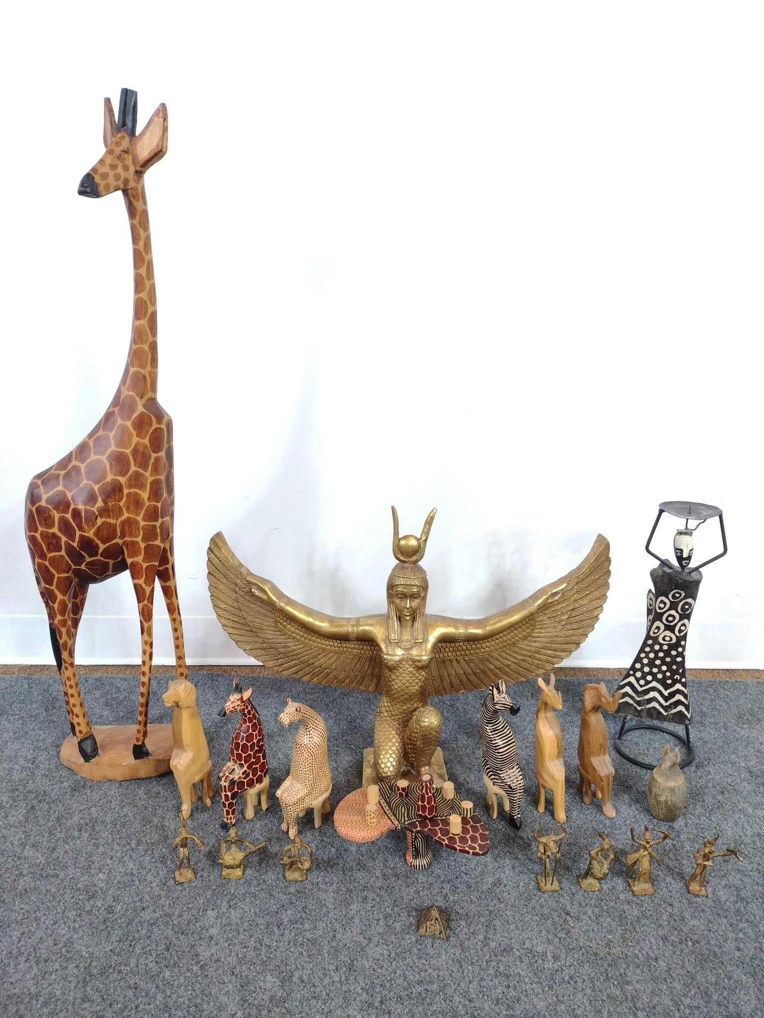 African & Egyptian Ethnographic Decor Incl. Carved Wooden Folk Art Giraffe (1 of 8)