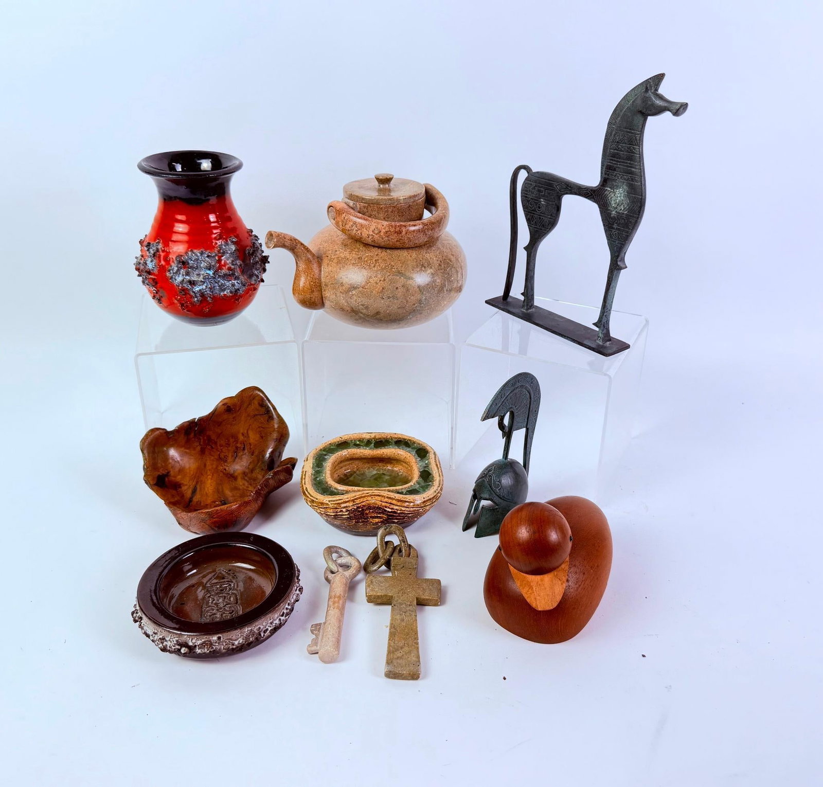 Vintage Decorative Collectibles Incl. Byzantine Horse: Also includes soapstone tea kettle, a Skjode wooden duck from Denmark, Glit Pottery from Iceland, a composite and glass ashtray by Gregory Waylande, a wooden bowl signed "Spinelli" and more. Teapot me