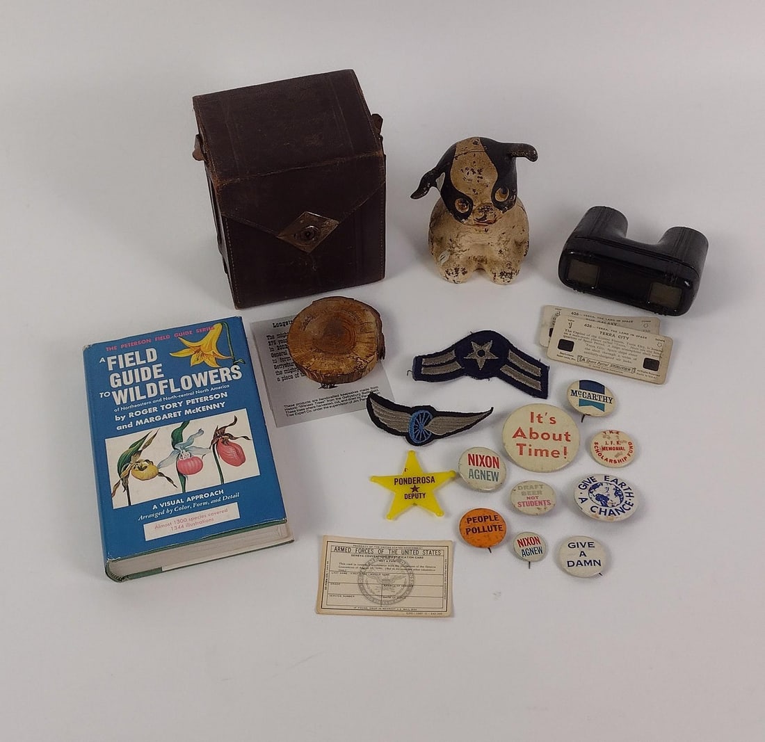 Hubley "Fido" Bank, Signed Book & Antique Camera: Also includes some vintage political pins, a Stori-Viewer and more. Hubley bank measures 3-1/4" x 3-1/2" x 5" and smallest pin measures 1-1/4" in diameter. 