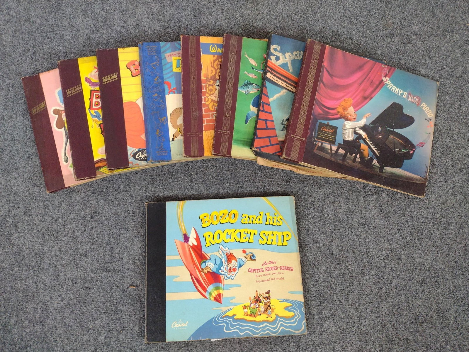 9 Childrens Stories On Record Incl. Disney & Bozo The Clown: All measure approximately 10-1/2" x 12".