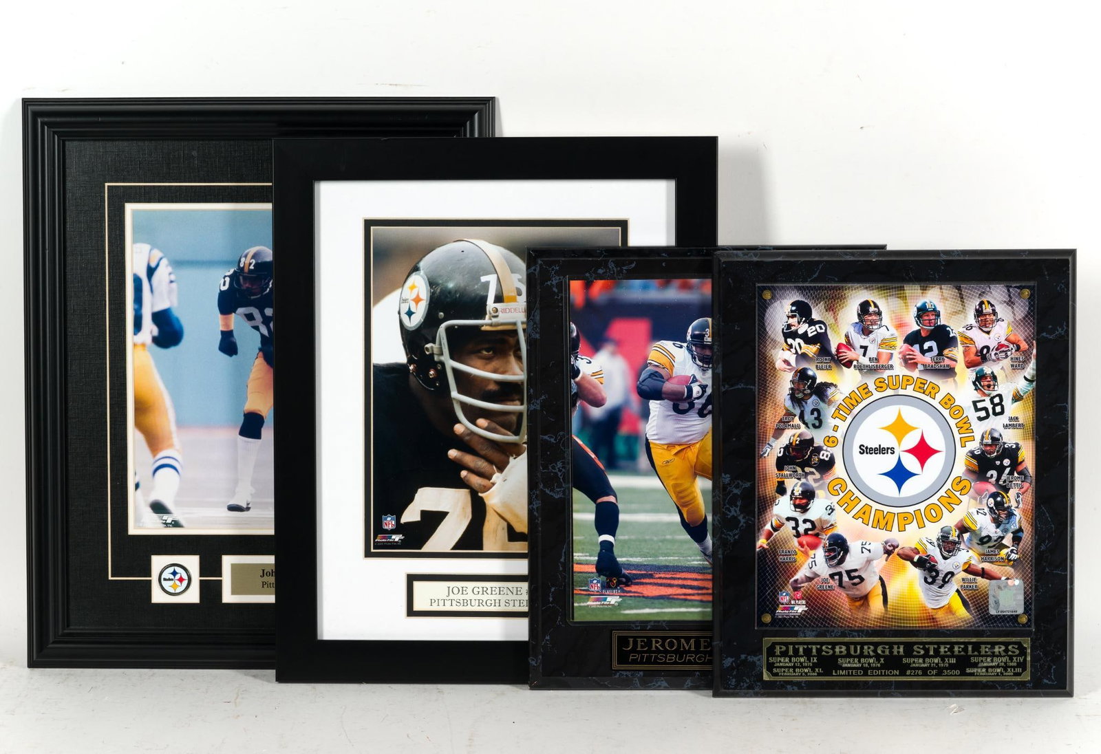 4 Pittsburgh Steelers Plaques: Includes Jerome Bettis; 6-Time Super Bowl Champions; Joe Greene; and John Stallworth. 12-3/4" to 16-3/4" long x 10-1/2" to 14-1/4" wide. 