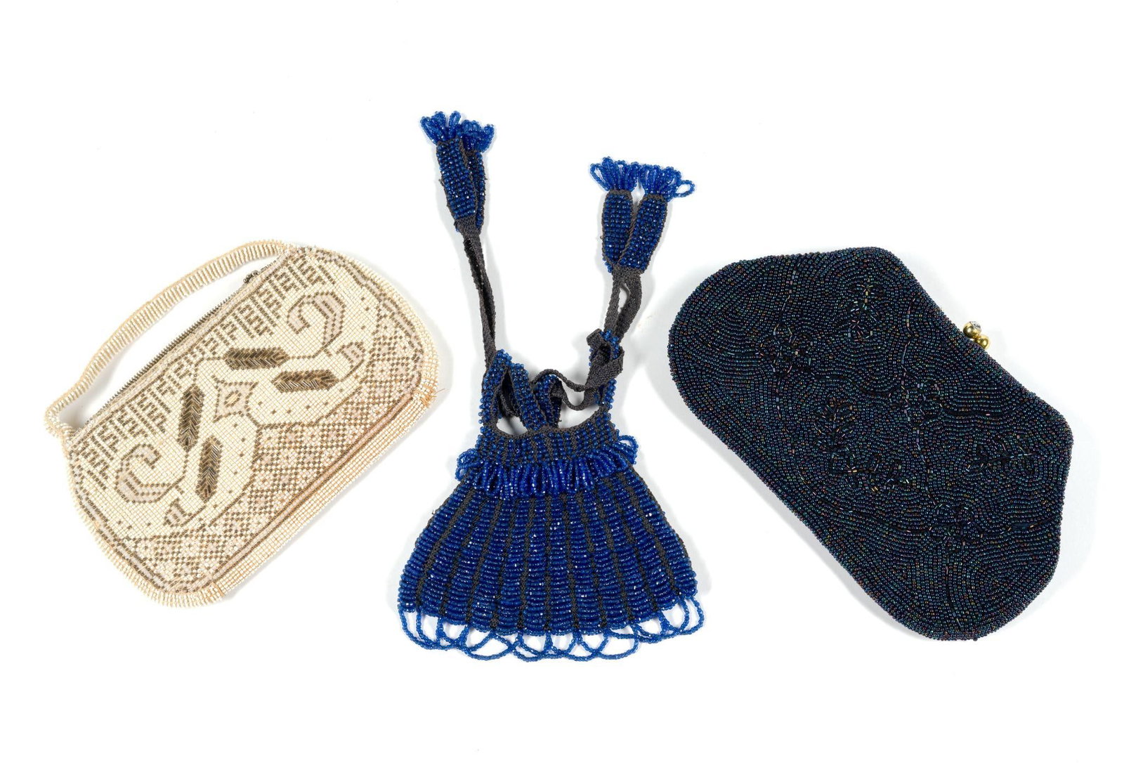 3 Vintage Beaded Bags: Two with tag. One tag reads Richere and other reads "Made in Czeckoslovakia." 5-1/2" to 8-1/4" wide x 5" long. 