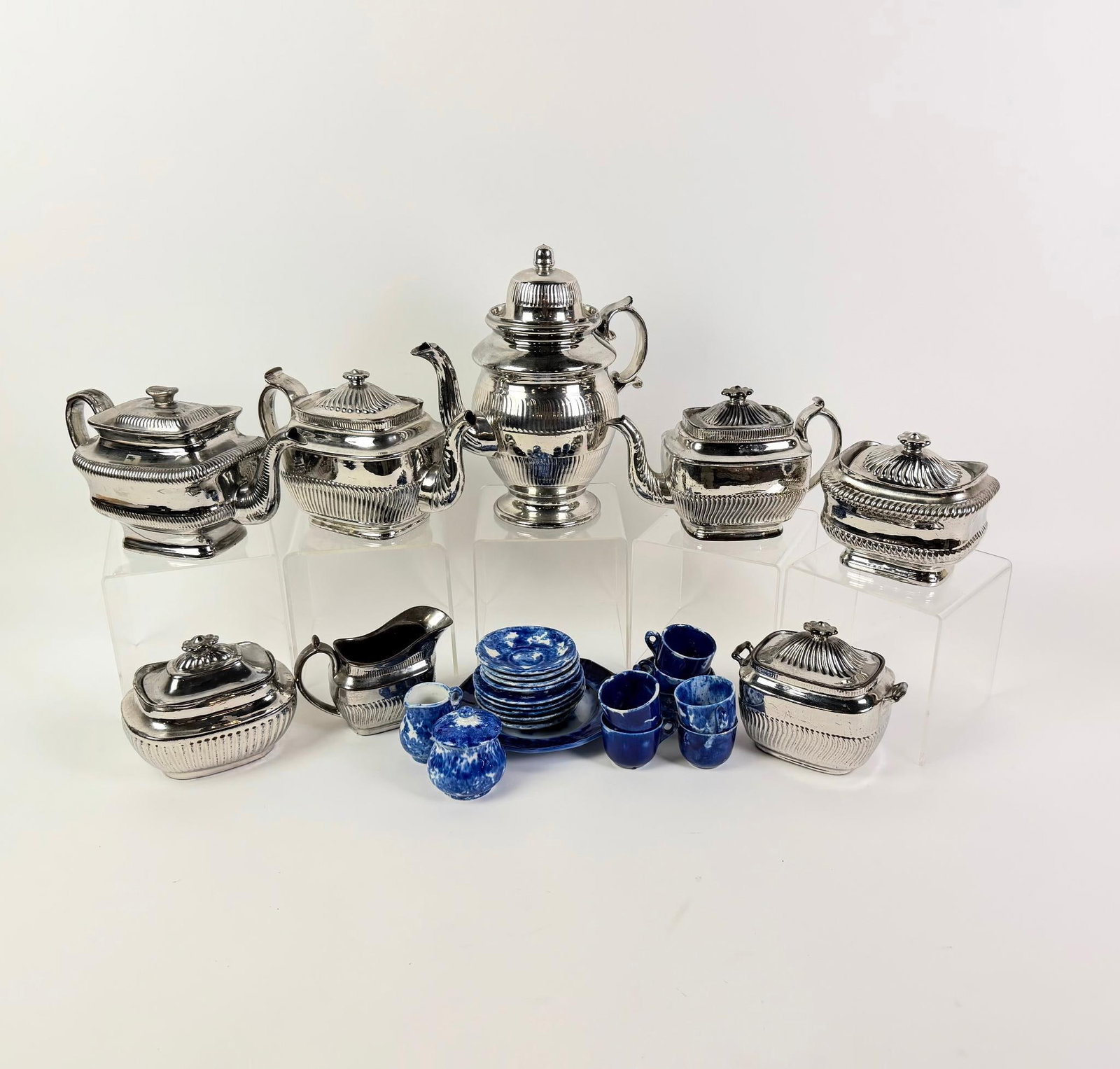 8 Pcs Silver Luster Tea Set & 19 Pcs Blue & White Porcelain (1 of 3)