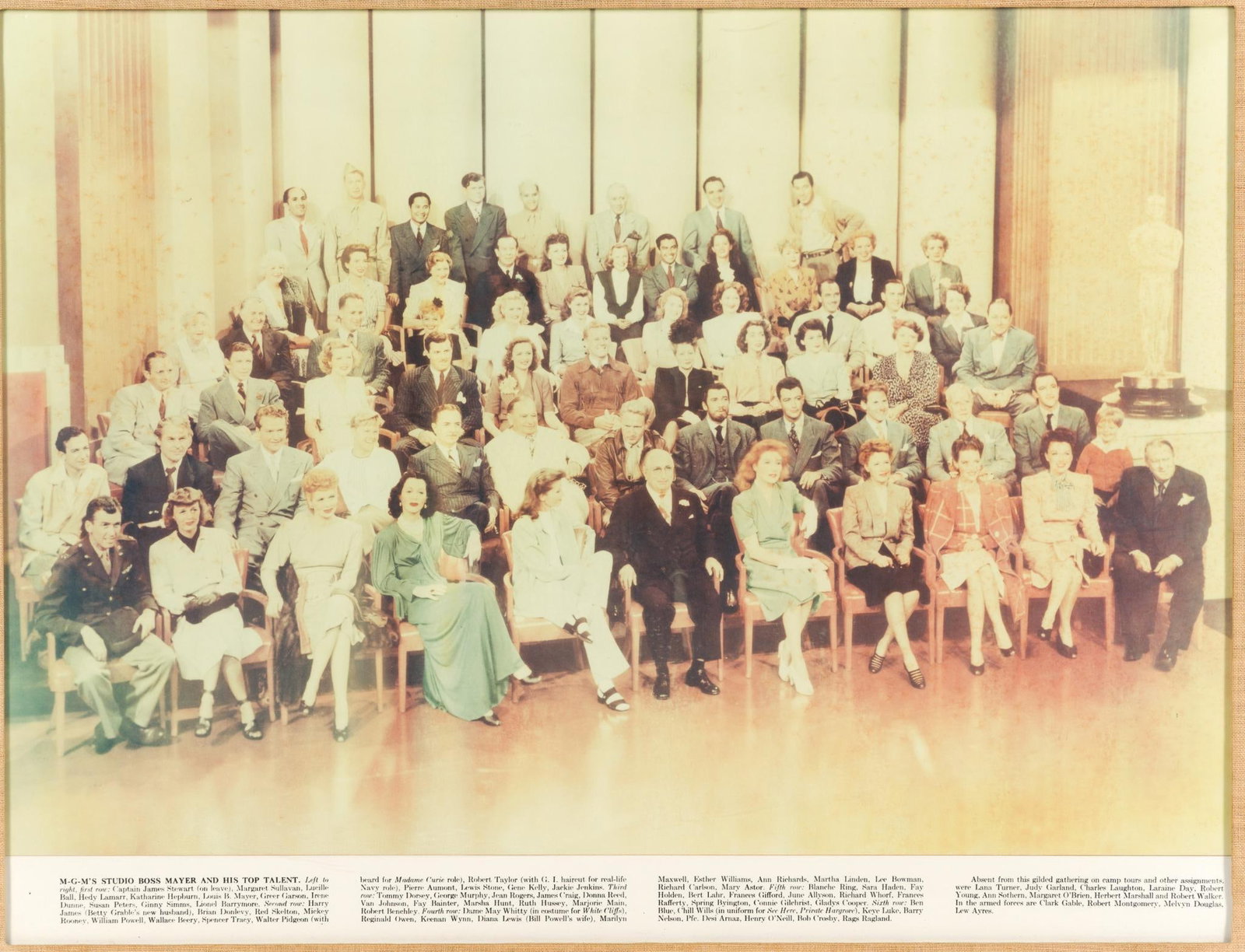 M.G.M's Studio Boss Mayer & His Top Talent Framed Color Picture: Featuring Lucille Ball, James Stewart, Desi Arnaz, and more. A rare and important piece of Hollywood memorabilia directly from MGM. Measures 28-1/2" x 23-1/4" with frame. Provenance: From the Est