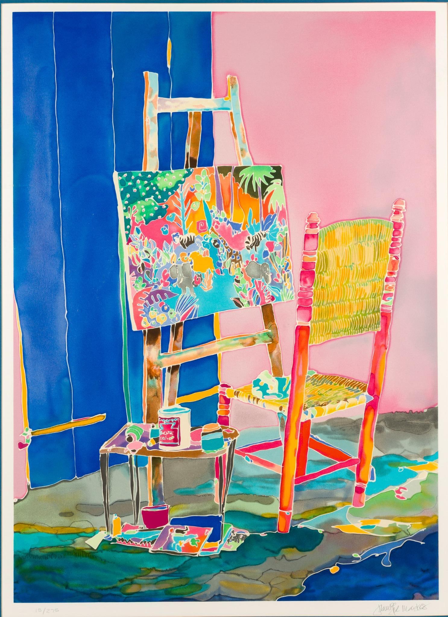 Jennifer Markes "Canvas & Easel" Signed Print: Signed lower right. Edition 15/275. Overall 48" high x 37-1/2" wide, sight 36-3/4" high x 26-3/4" wide. Provenance: From the Estate of Lory Patrick Jones (1933–2026), actress, writer, dire