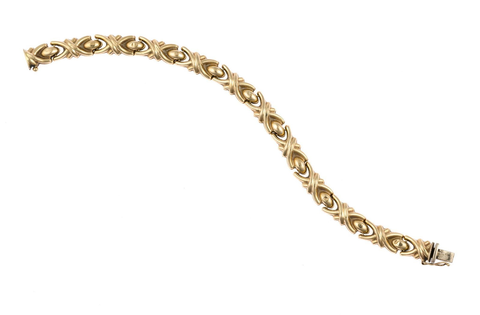 14K Gold Link Bracelet: A 7 1/2" length yellow gold bracelet with XO links. It has signs of wear including some small denting of the links. The bracelet is marked 14k and weighs 9.8 grams.