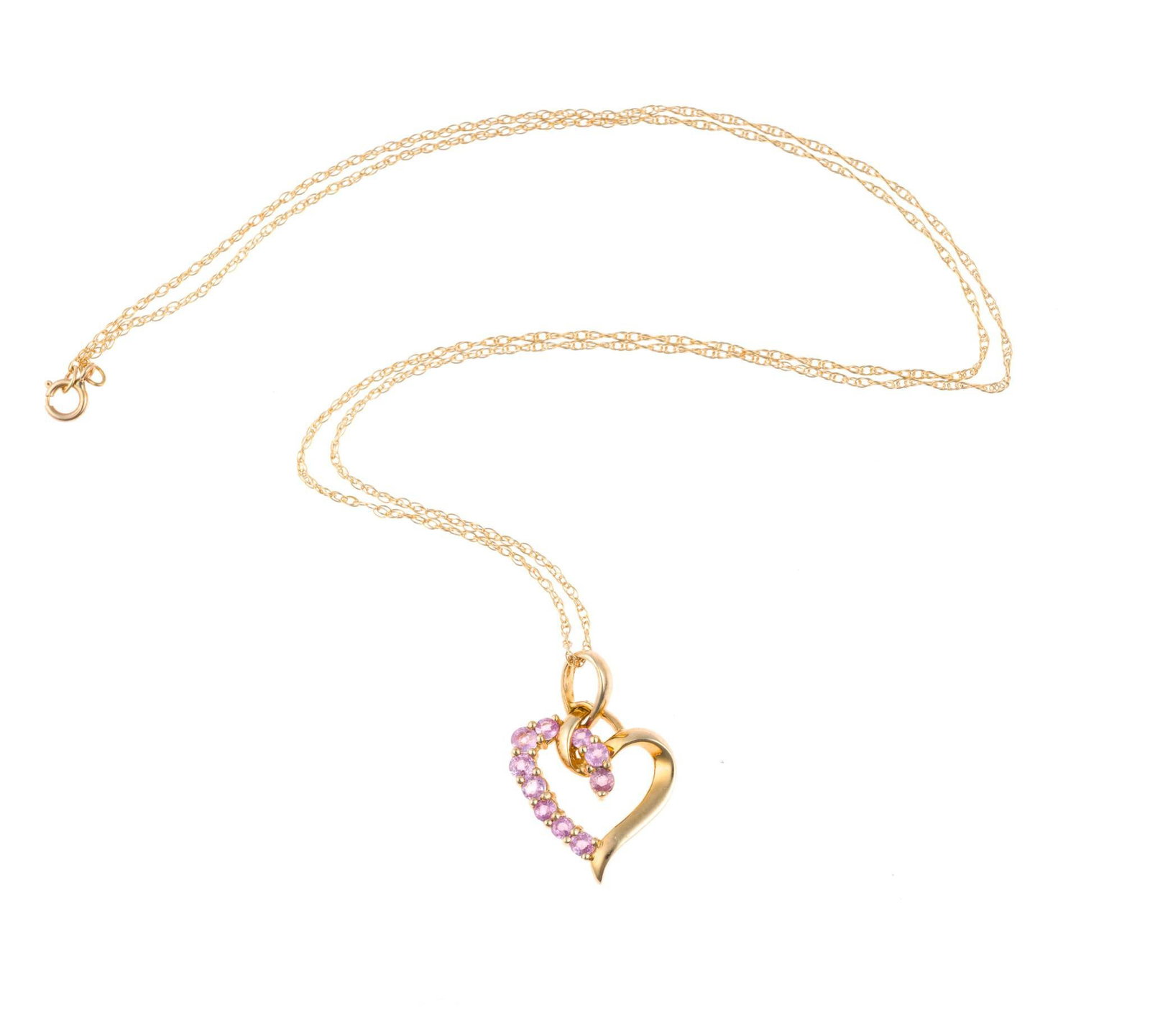 14K Gold and Pink Sapphire Heart Pendant Necklace: An 18" yellow gold chain necklace with a heart pendant enhanced with pink sapphire gemstones. The total weight is 2.1 grams. The condition is like-new.