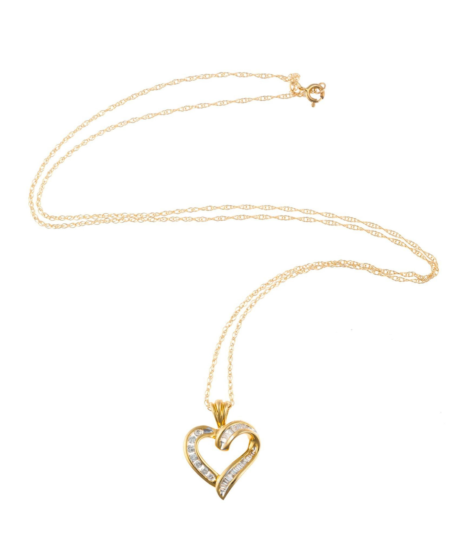 14K Gold and Diamond Heart Pendant Necklace: An 18" yellow gold chain necklace with a heart pendant enhanced with diamonds. The total weight is 2.5 grams. The condition is like-new.