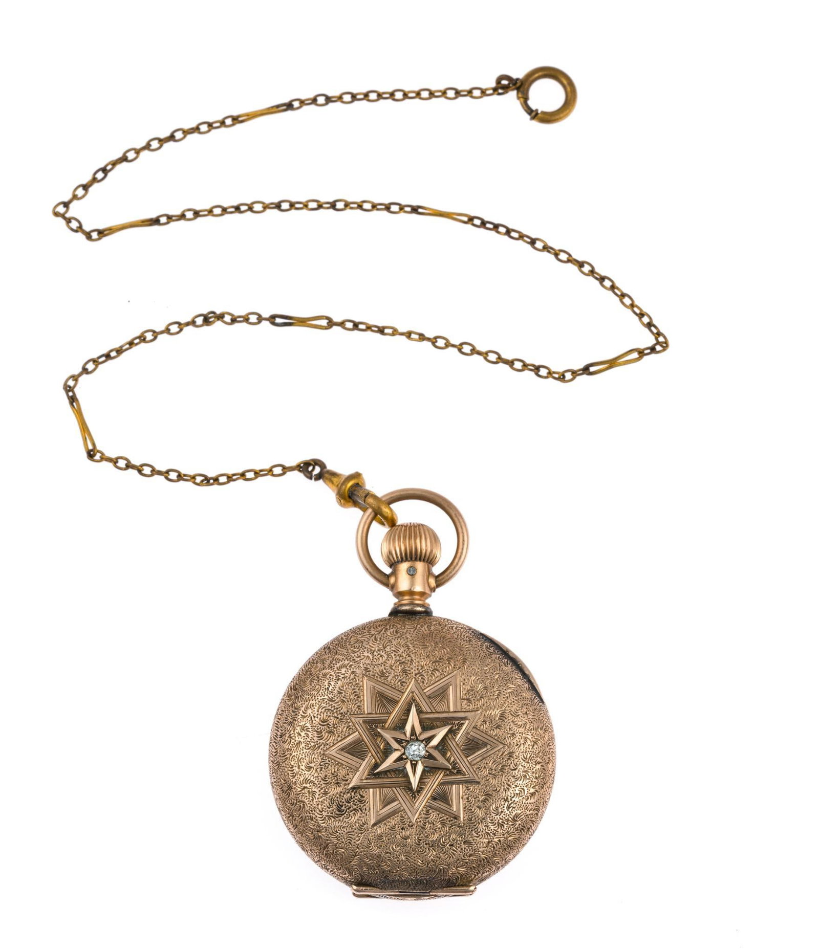 10K Gold Hunter Case Elgin Pocket Watch: Elgin National Watch Co. grade 94, model 1, size 6s, mfg. 1893. The watch is not running. The case is enhanced by a single diamond on one side. It has serial numbers at two locations and a horseshoe s